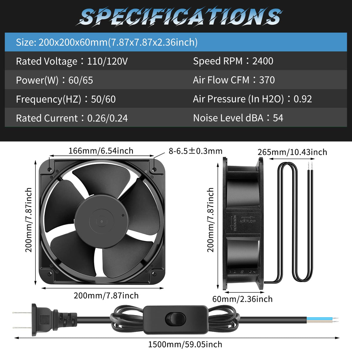 110V 120V 200mm x 60mm Axial Metal Case Fan Q2504