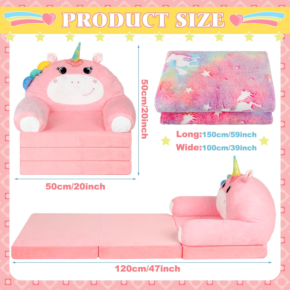 2-in-1 Fold Out Kids Sofa with Flannel Blanket S79743
