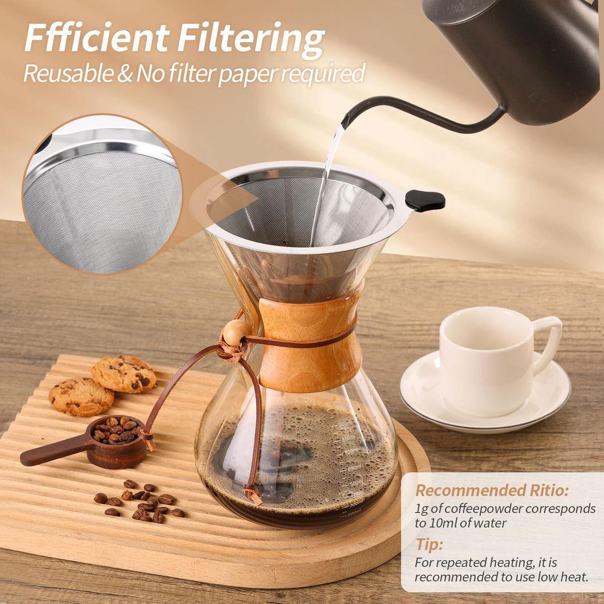 34 OZ Borosilicate Glass Pour Over Coffee Maker with Reusable Stainless Steel Filter U454244