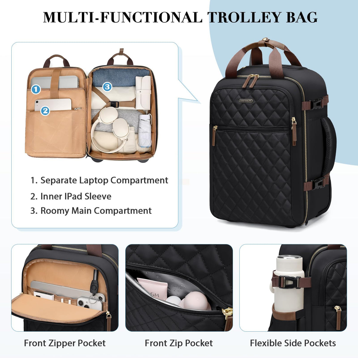 Black Rolling Laptop Backpack with Wheels K44070