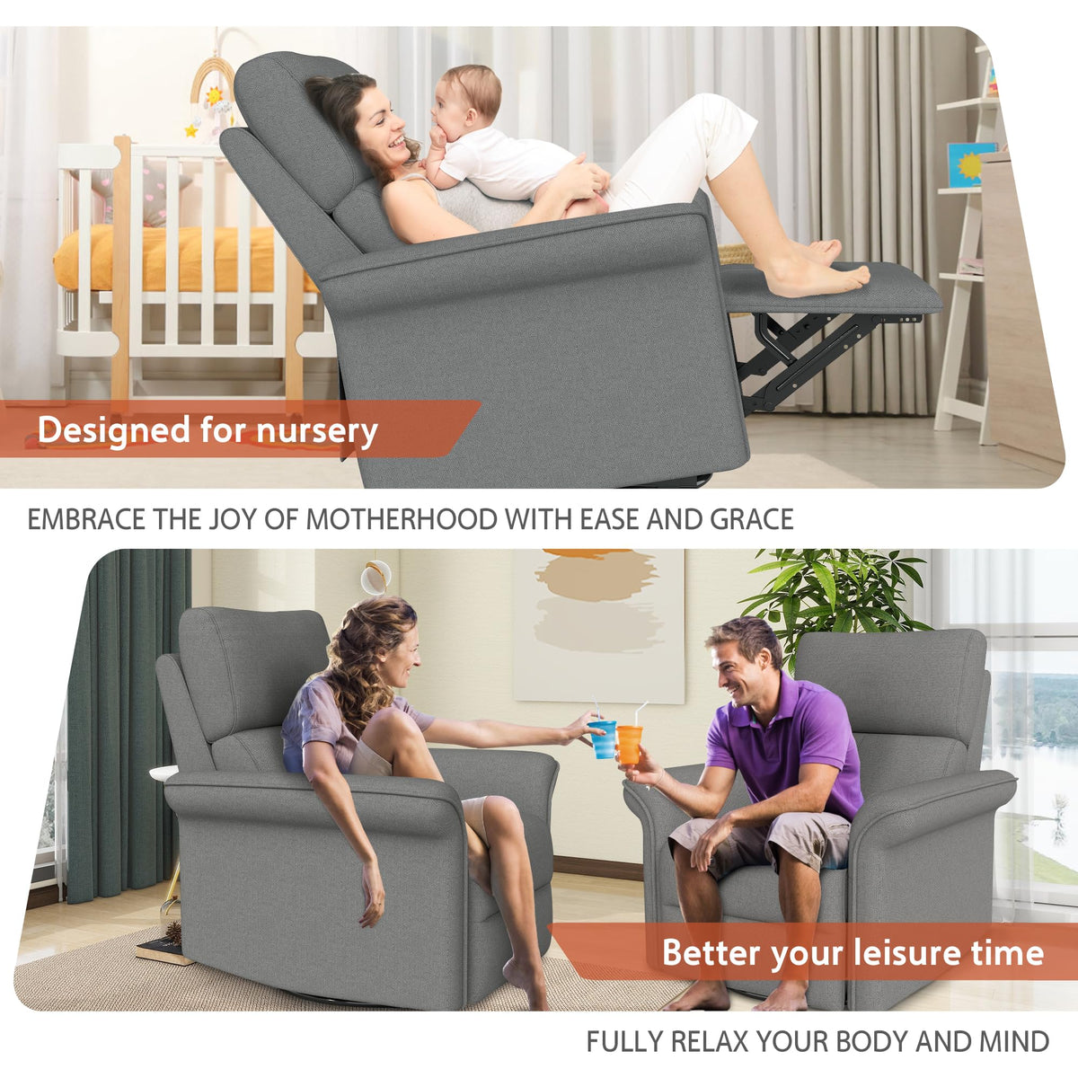 30" Dark Gray Power Swivel Rocker Recliner Chair L241
