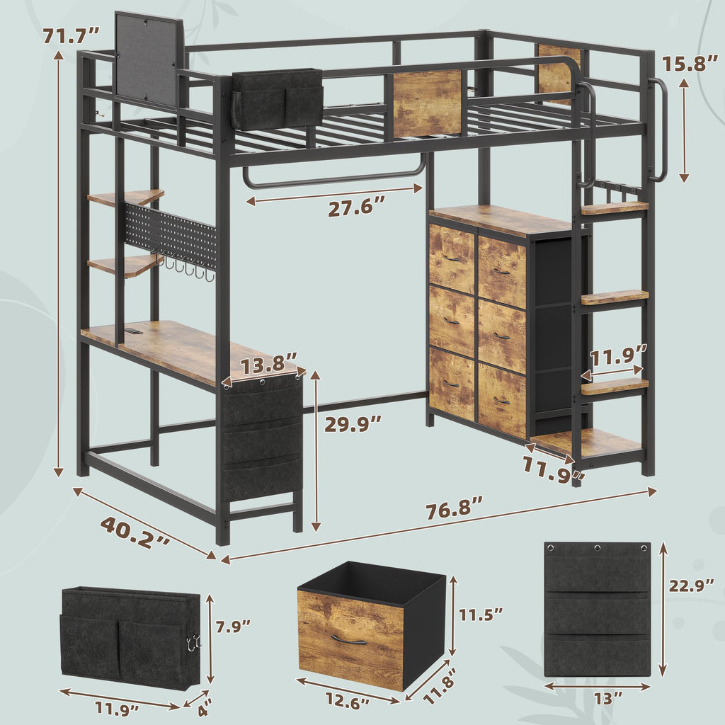 Twin Loft Bed with Desk and 6 Storage Drawers V330638