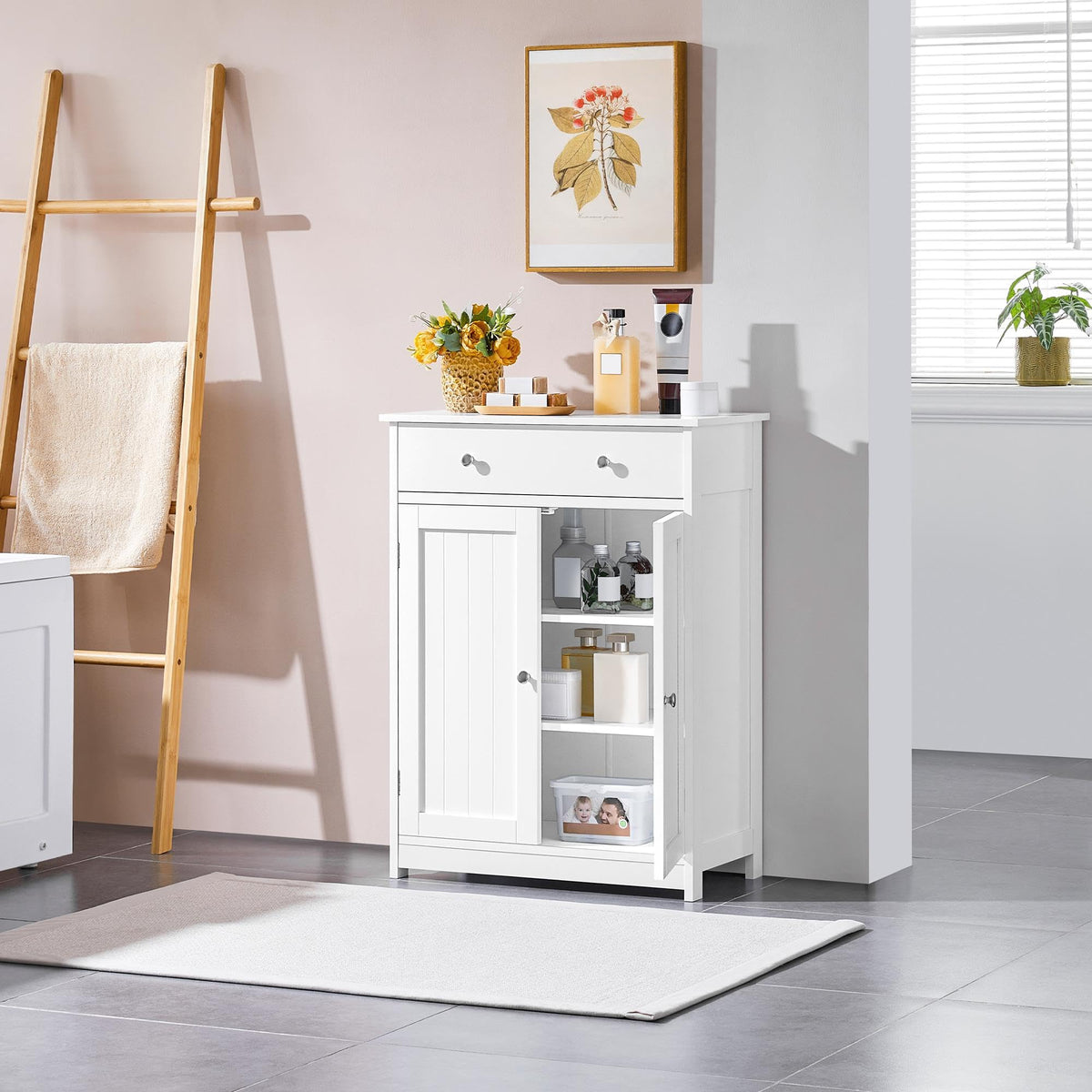 White Bathroom Storage Cabinet with Drawer and 2 Doors W99107