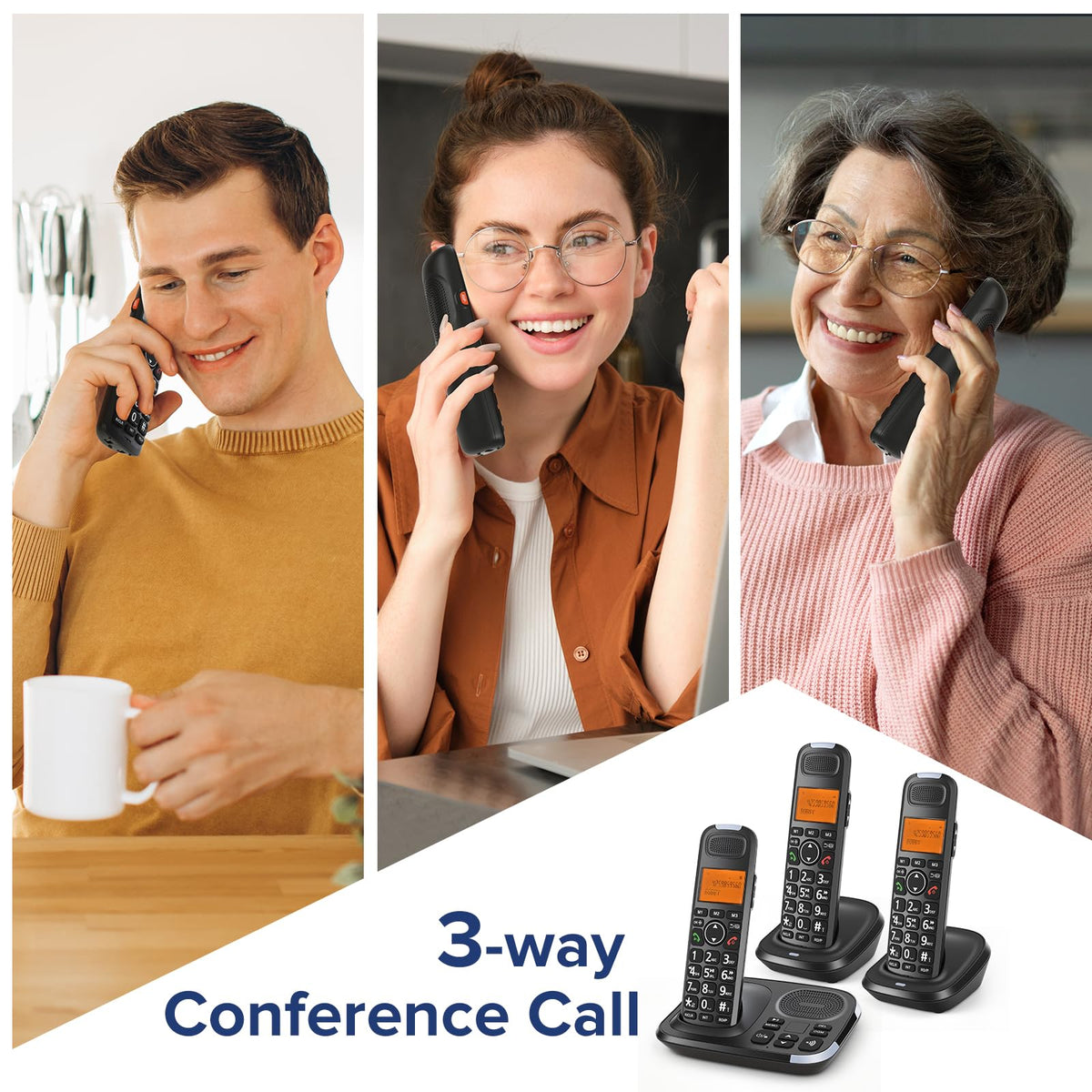 Black Cordless Phone System with Answering Machine, 3 Handsets C7163