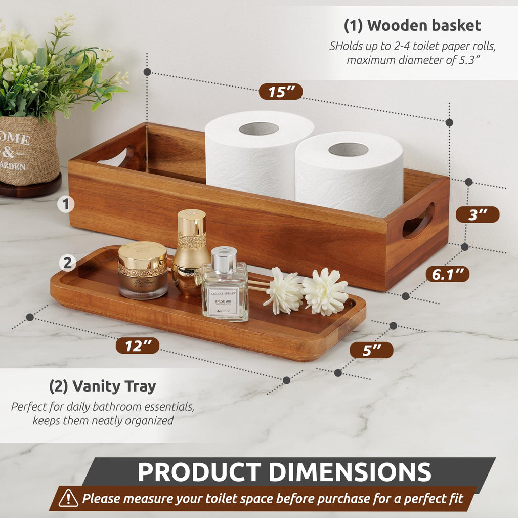 Acacia Wood Toilet Tank Topper & Vanity Tray P956