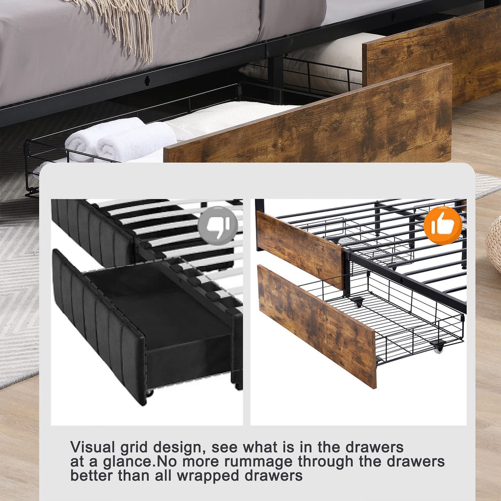 King Size Wood Bed Frame with 4 Storage Drawers J6935