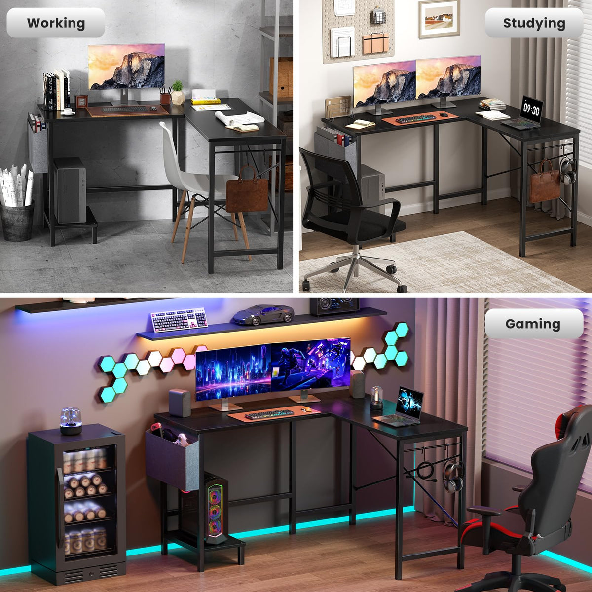 L Shaped Computer Corner Desk with PC Stand, Black W93659