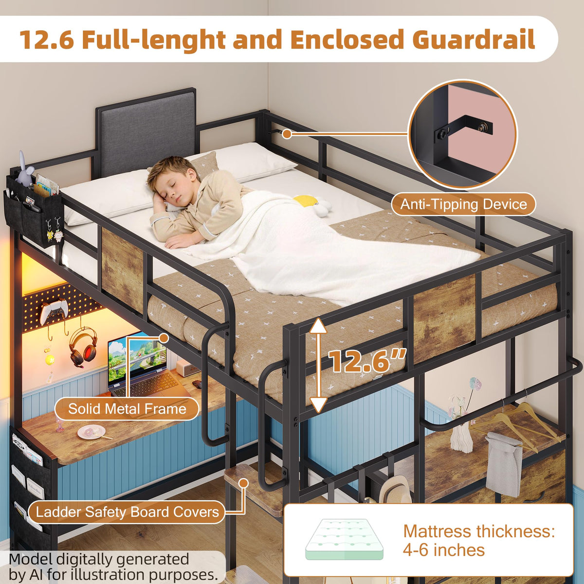 Twin Loft Bed with Desk and 6 Storage Drawers V330638