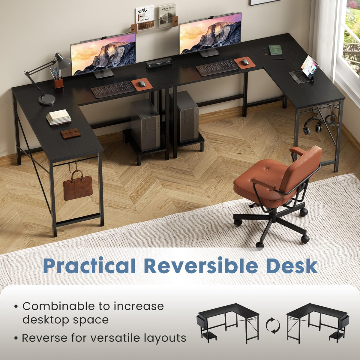 L Shaped Computer Corner Desk with PC Stand, Black W93659