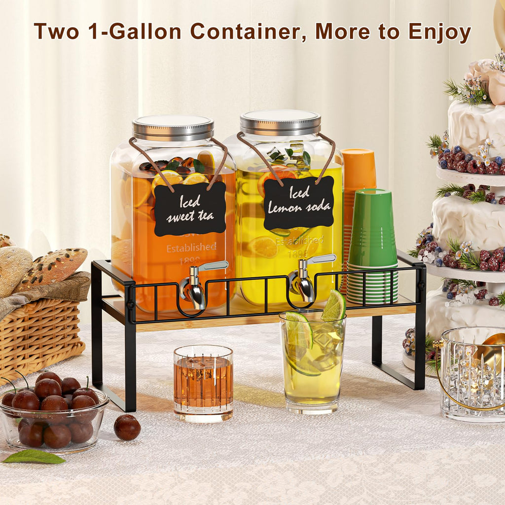 2 Pack 1 Gallon Glass Beverage Dispenser with Spigot and Ice Core G17938