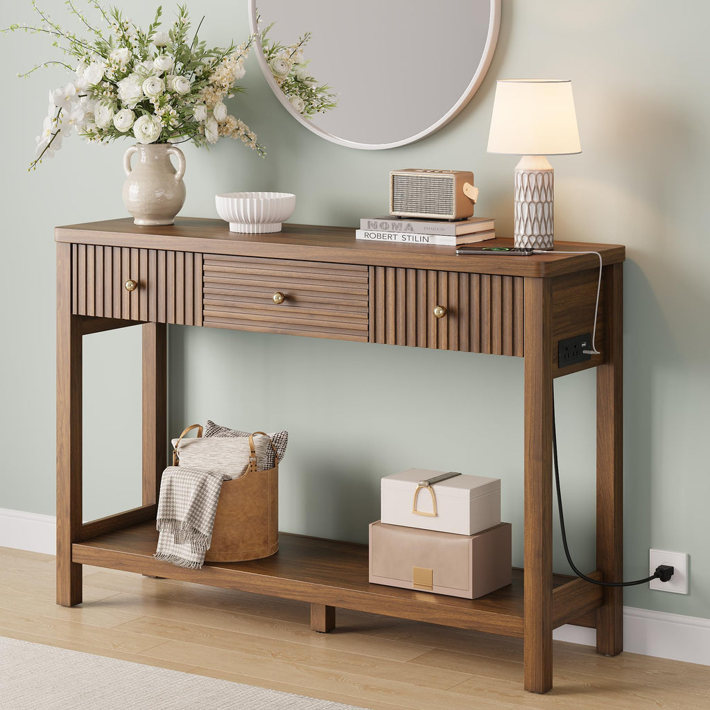 47'' Fluted Console Table with Charging Station & 3 Drawers J1746