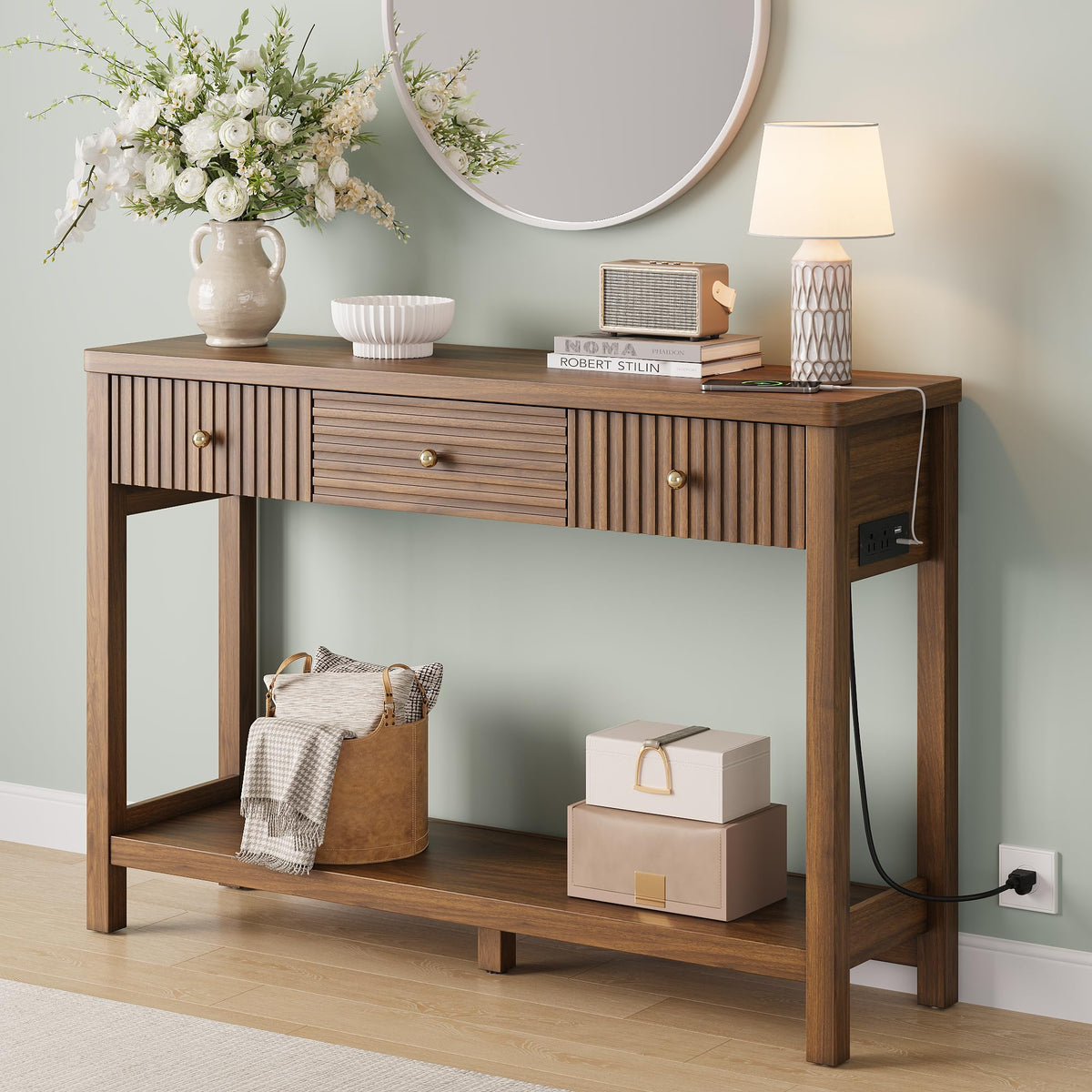 47'' Fluted Console Table with Charging Station & 3 Drawers J1746