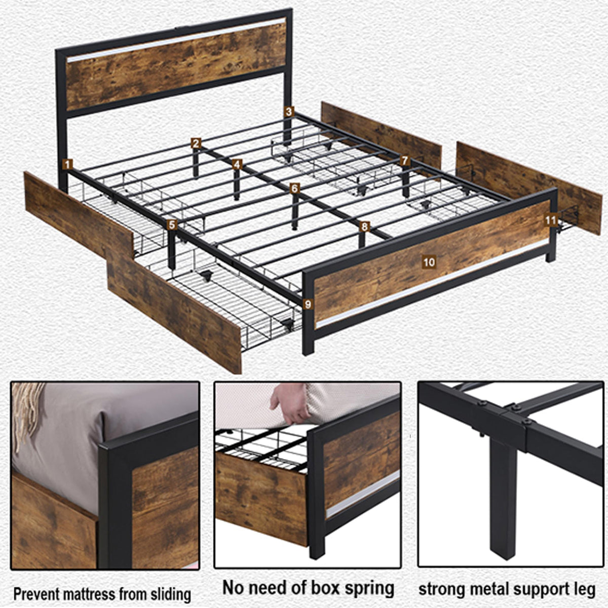 King Size Wood Bed Frame with 4 Storage Drawers J6935