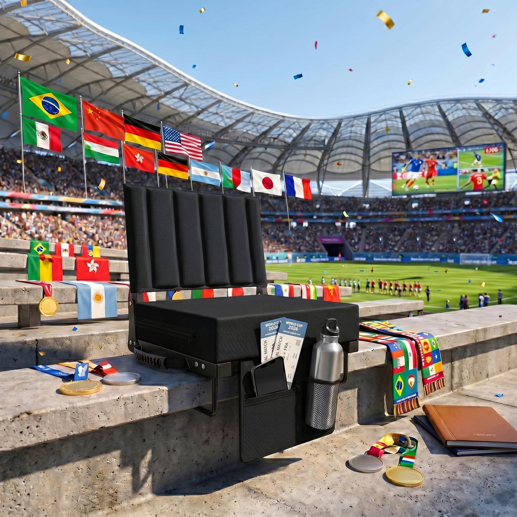 Black Padded Portable Folding Stadium Seat with Back Support and Cup Holder Y4341