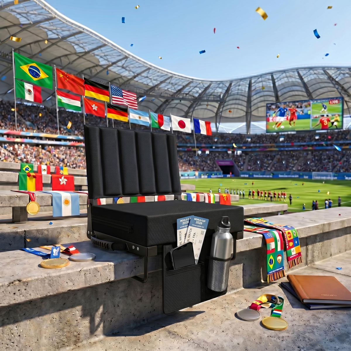 Black Padded Portable Folding Stadium Seat with Back Support and Cup Holder Y4341