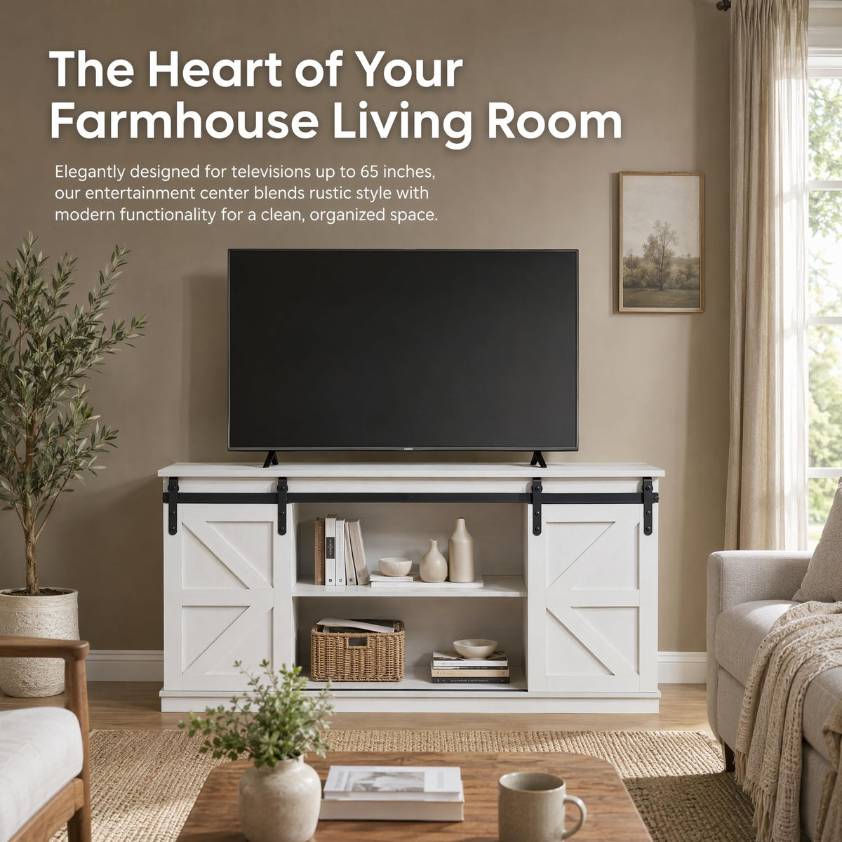 White TV Stand with Sliding Barn Doors X77010