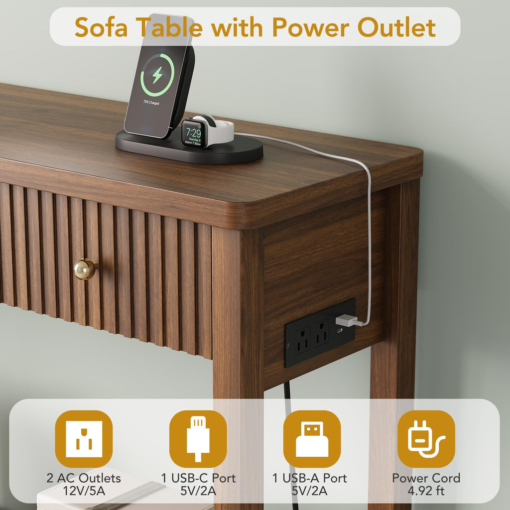 47'' Fluted Console Table with Charging Station & 3 Drawers J1746