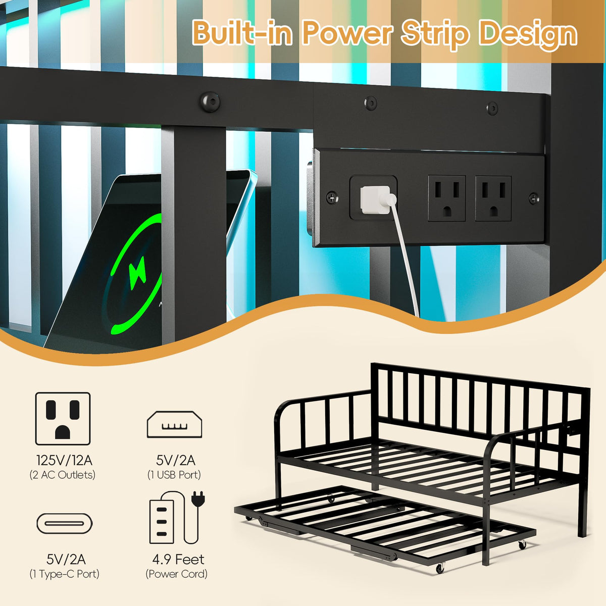 Black Twin to King Metal Daybed with Pop Up Trundle E472682