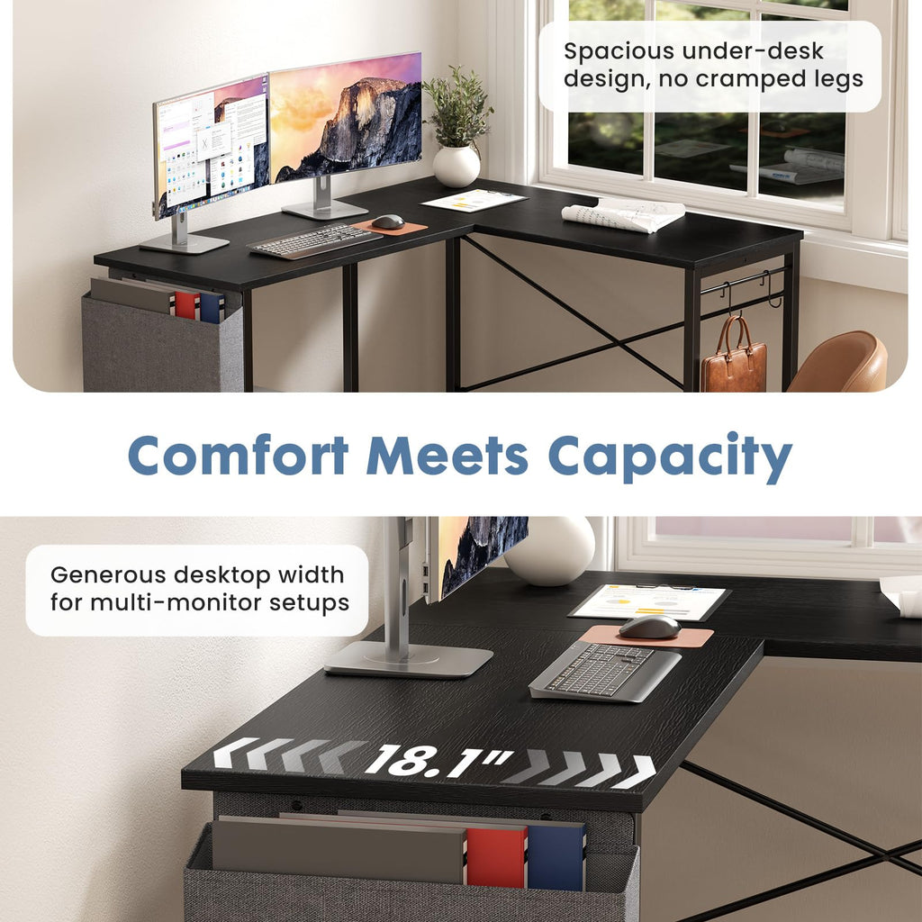 L Shaped Computer Corner Desk with PC Stand, Black W93659