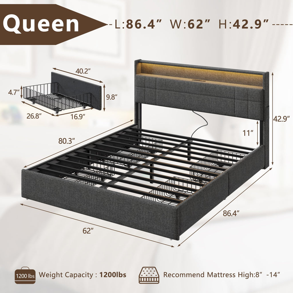 Queen Bed Frame with 4 Storage Drawers Q67665
