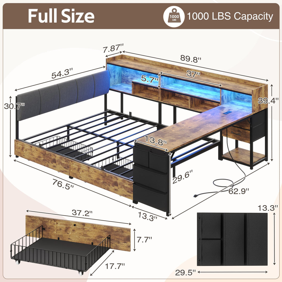 Corner Bed Frame Full Size with Storage & Desk C2591