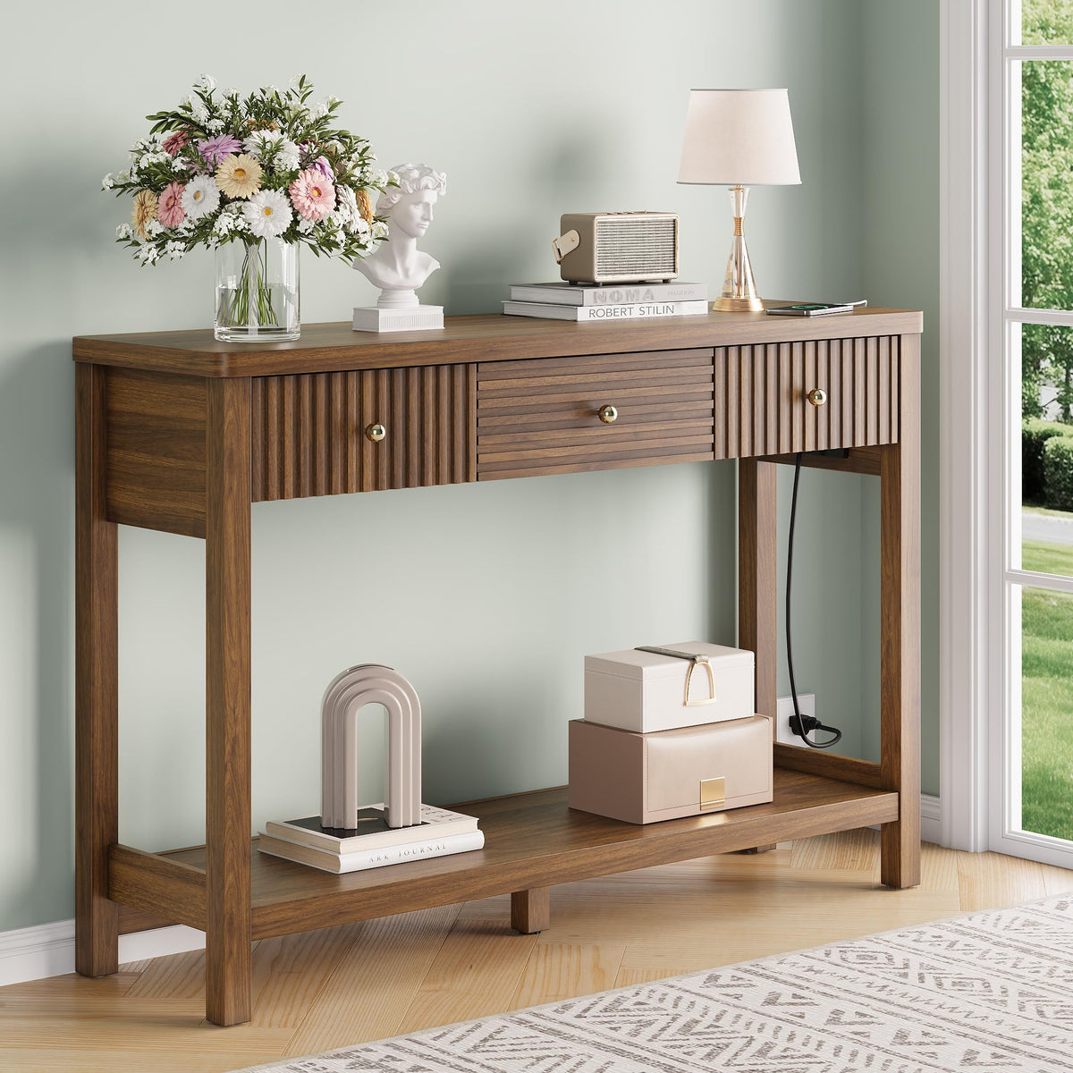 47'' Fluted Console Table with Charging Station & 3 Drawers J1746