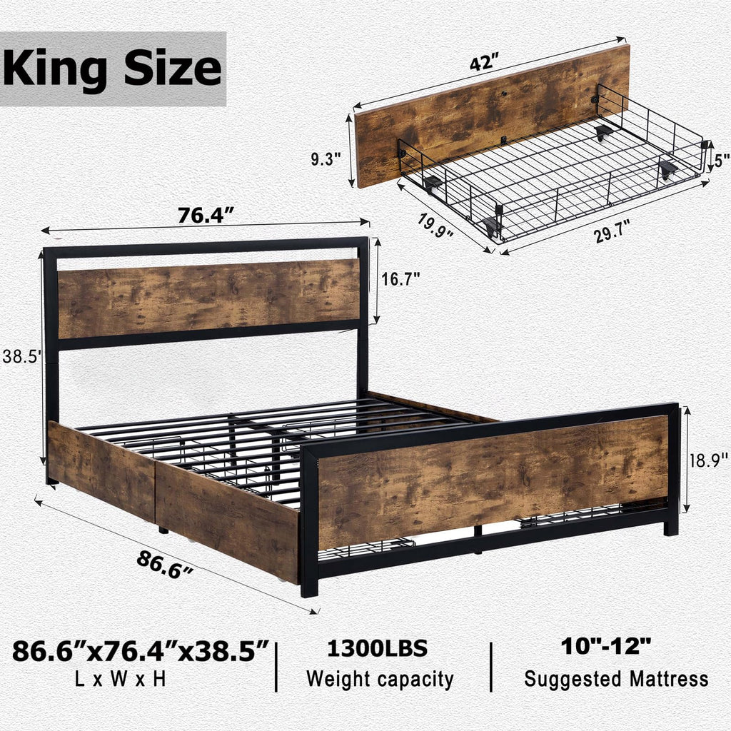 King Size Wood Bed Frame with 4 Storage Drawers J6935