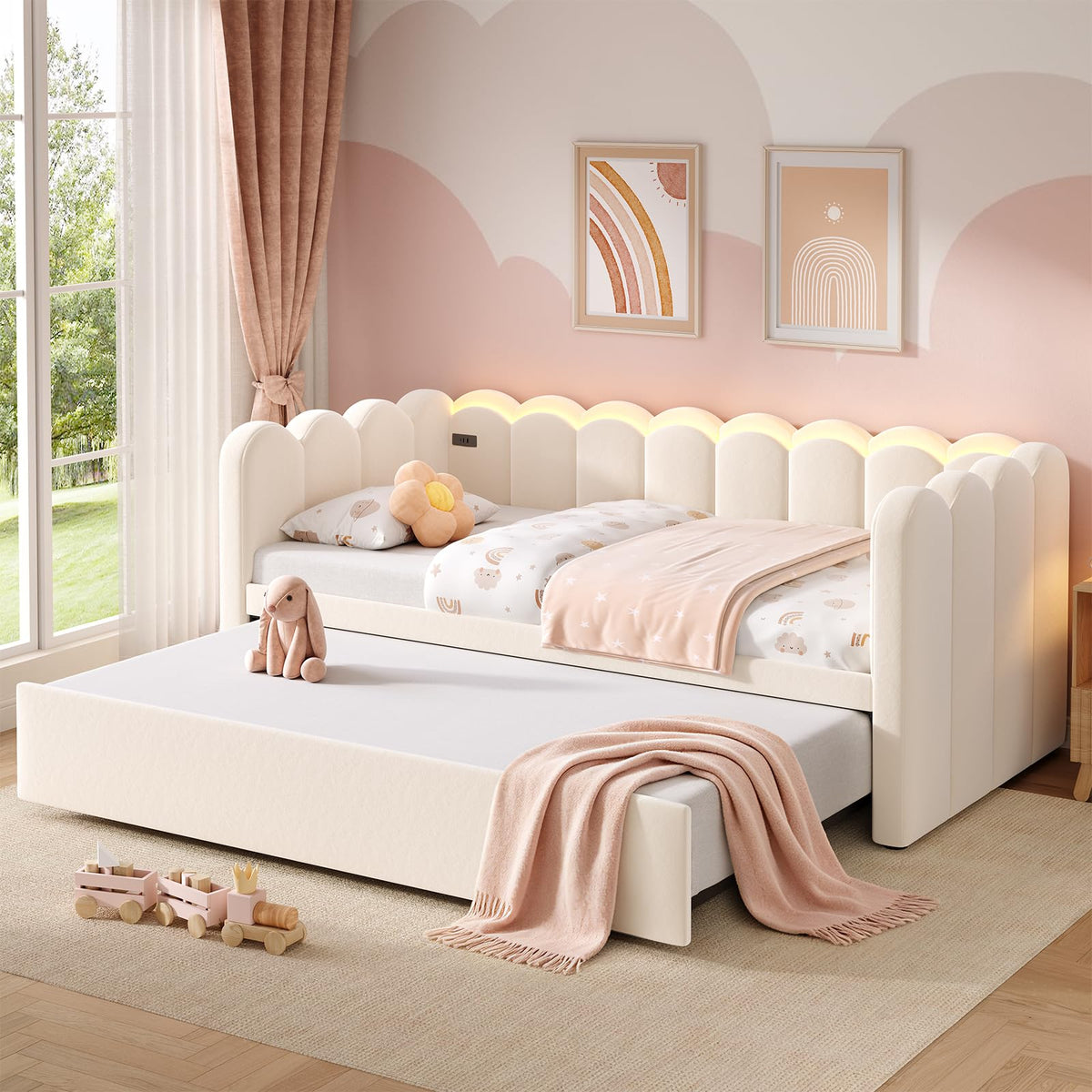 Beige Twin Velvet Upholstered Daybed with Pop Up Trundle T232
