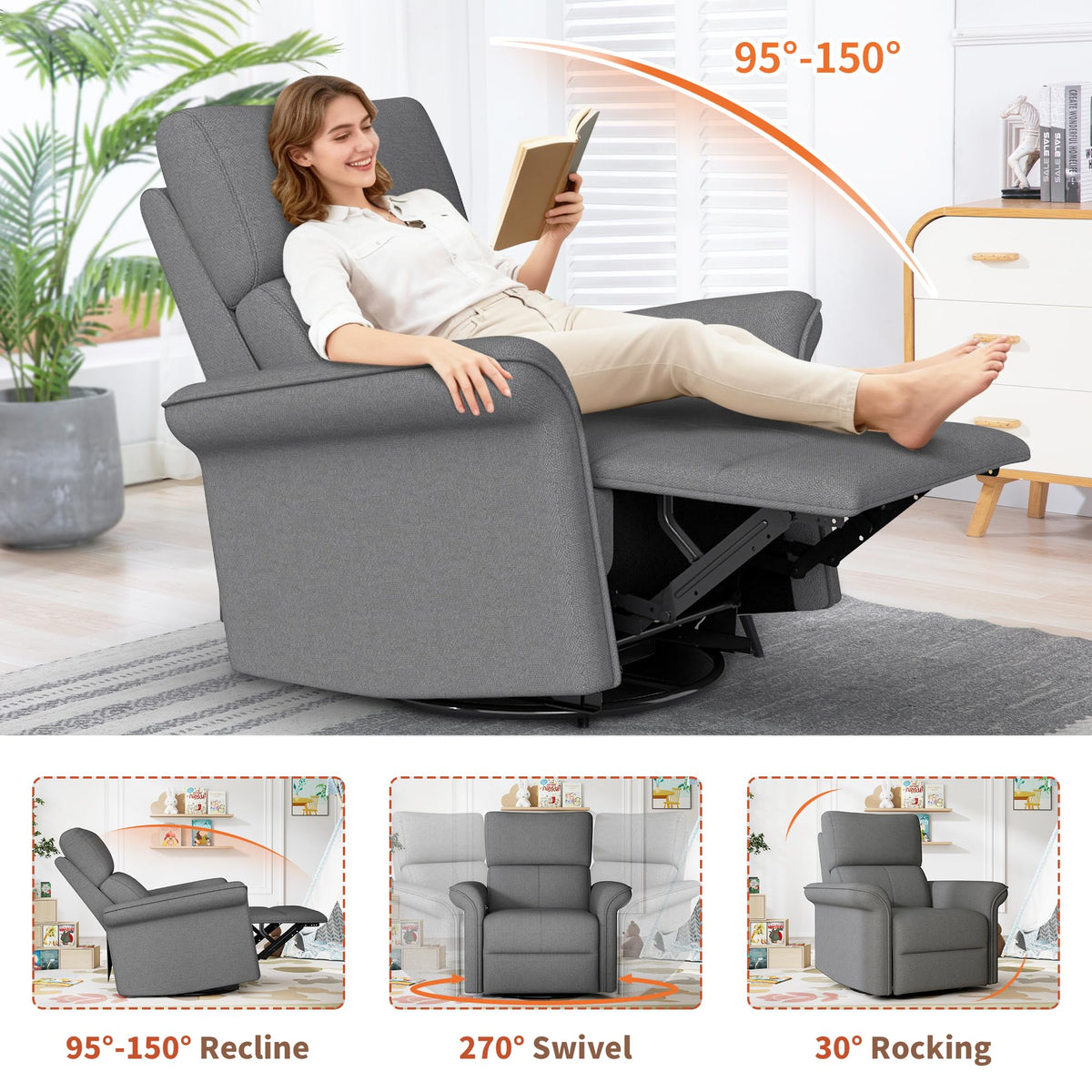 30" Dark Gray Power Swivel Rocker Recliner Chair L241
