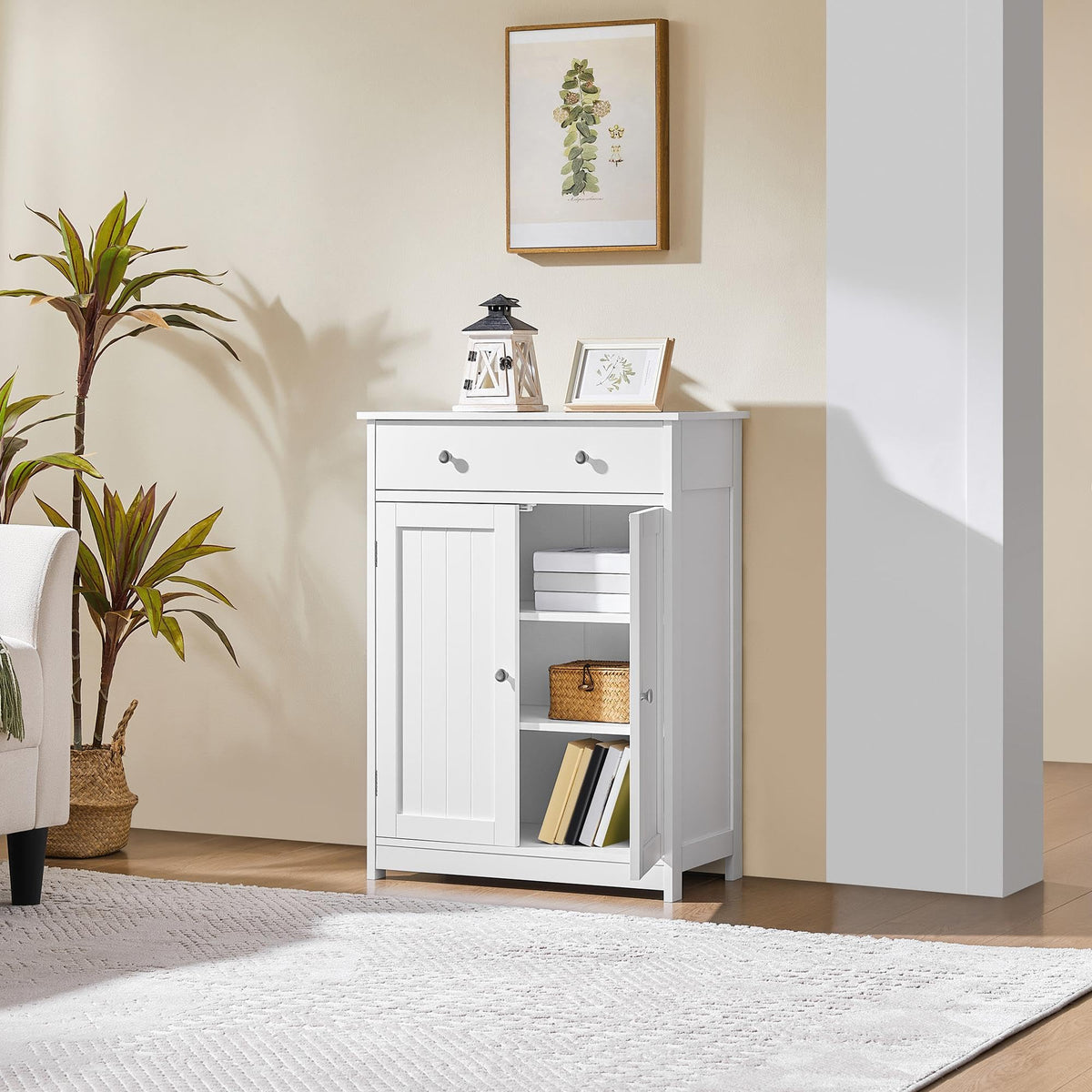 White Bathroom Storage Cabinet with Drawer and 2 Doors W99107