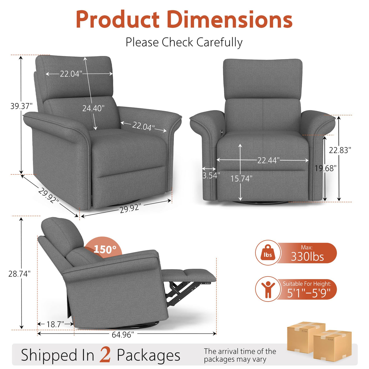 30" Dark Gray Power Swivel Rocker Recliner Chair L241