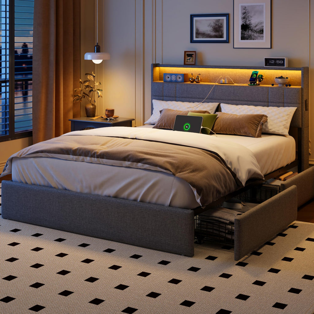 Queen Bed Frame with 4 Storage Drawers Q67665