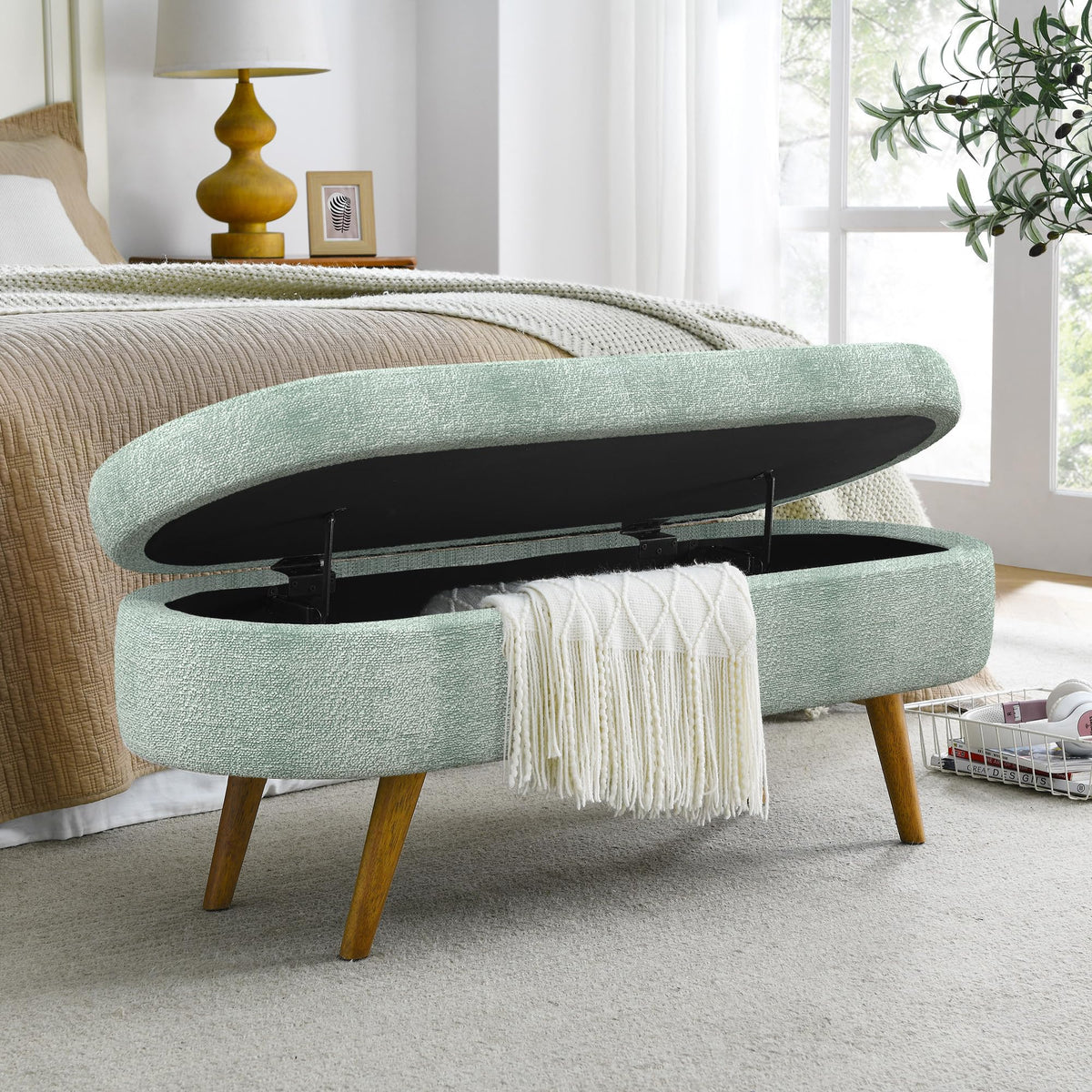 Oval Storage Bench with Rubber Wood Legs Gray C19041
