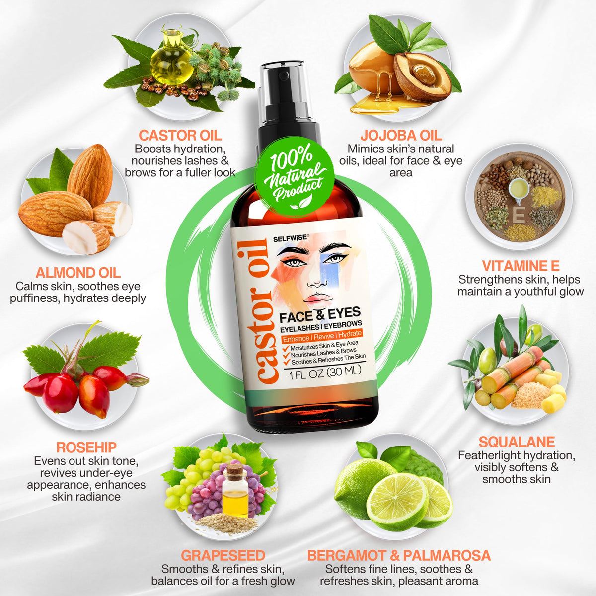 Organic Castor Oil with Jojoba Rosehip Grapeseed Squalane Vitamin E 1oz Q95778