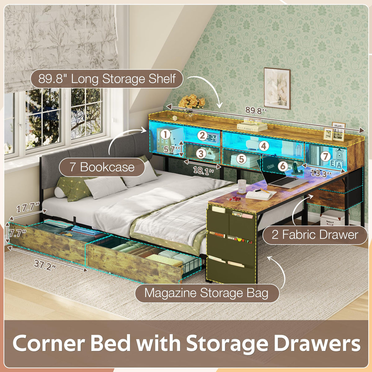 Corner Bed Frame Full Size with Storage & Desk C2591