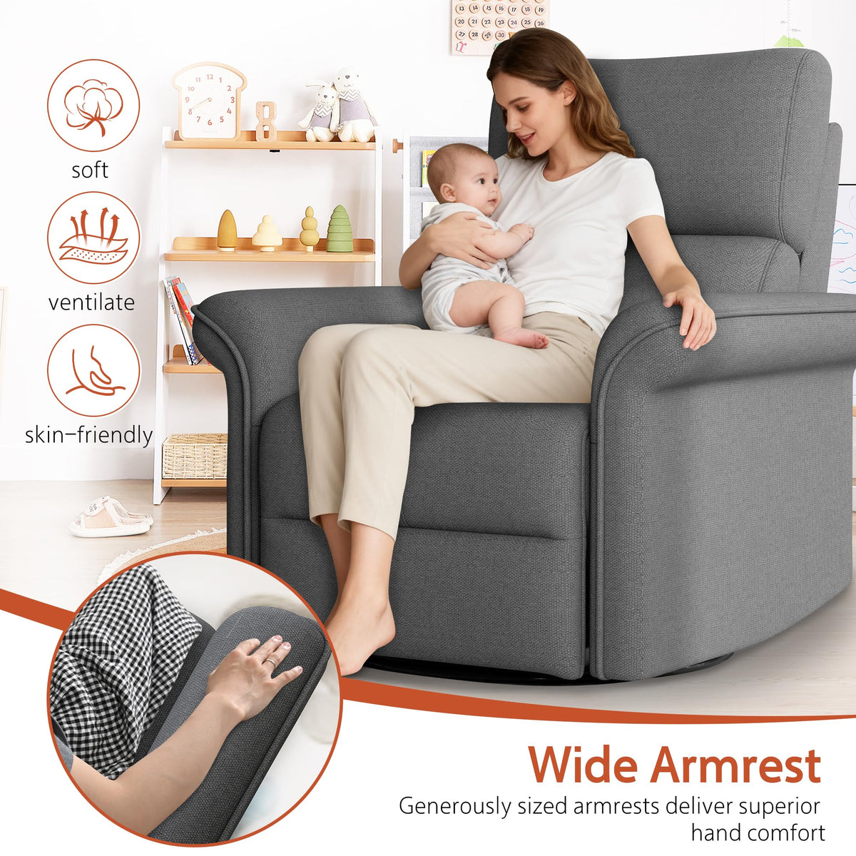30" Dark Gray Power Swivel Rocker Recliner Chair L241