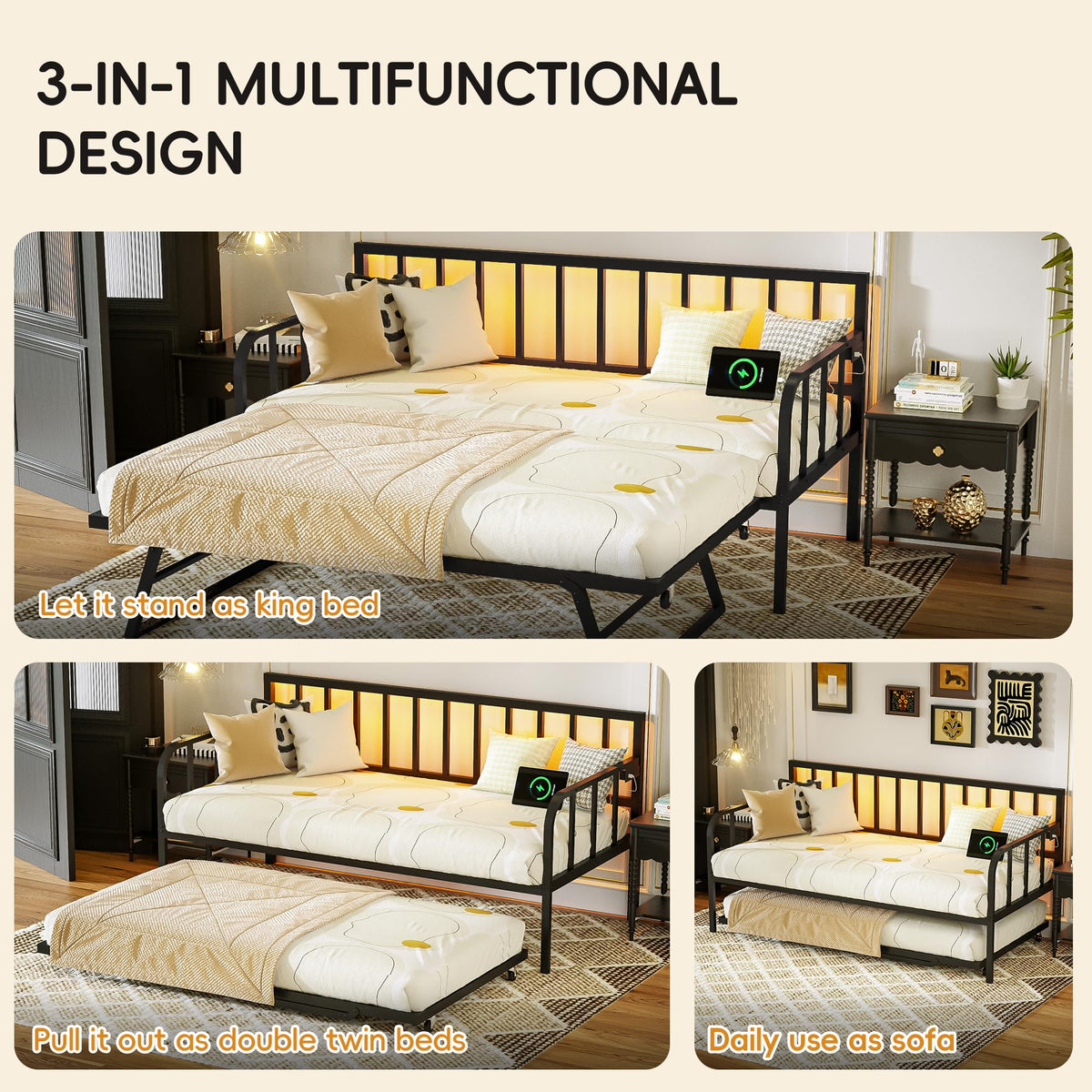 Black Twin to King Metal Daybed with Pop Up Trundle E472682