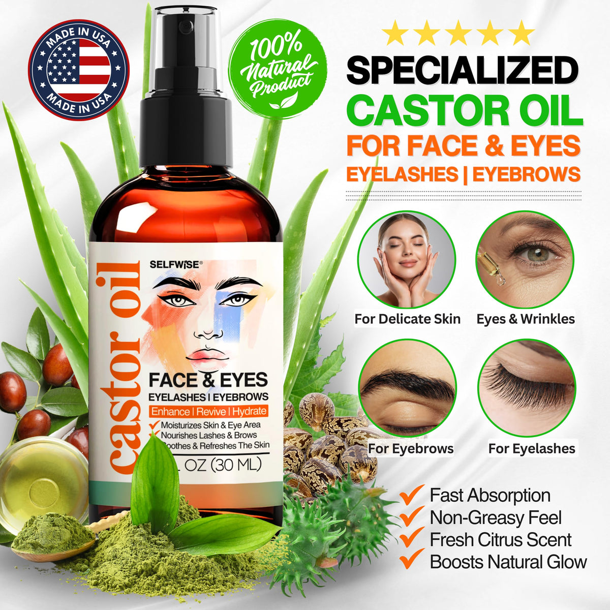 Organic Castor Oil with Jojoba Rosehip Grapeseed Squalane Vitamin E 1oz Q95778