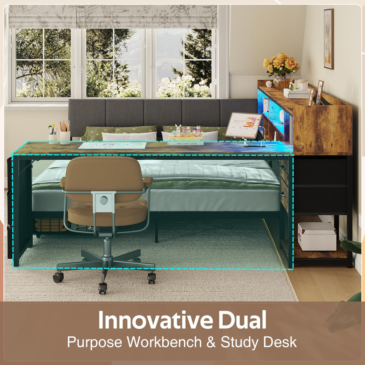 Corner Bed Frame Full Size with Storage & Desk C2591
