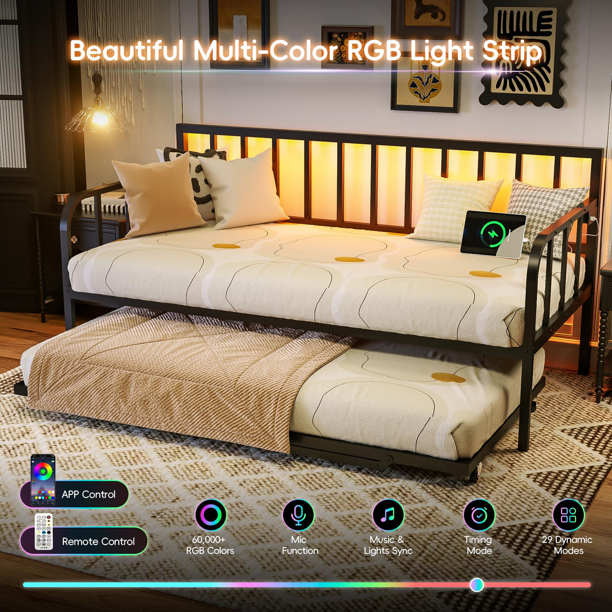 Black Twin to King Metal Daybed with Pop Up Trundle E472682
