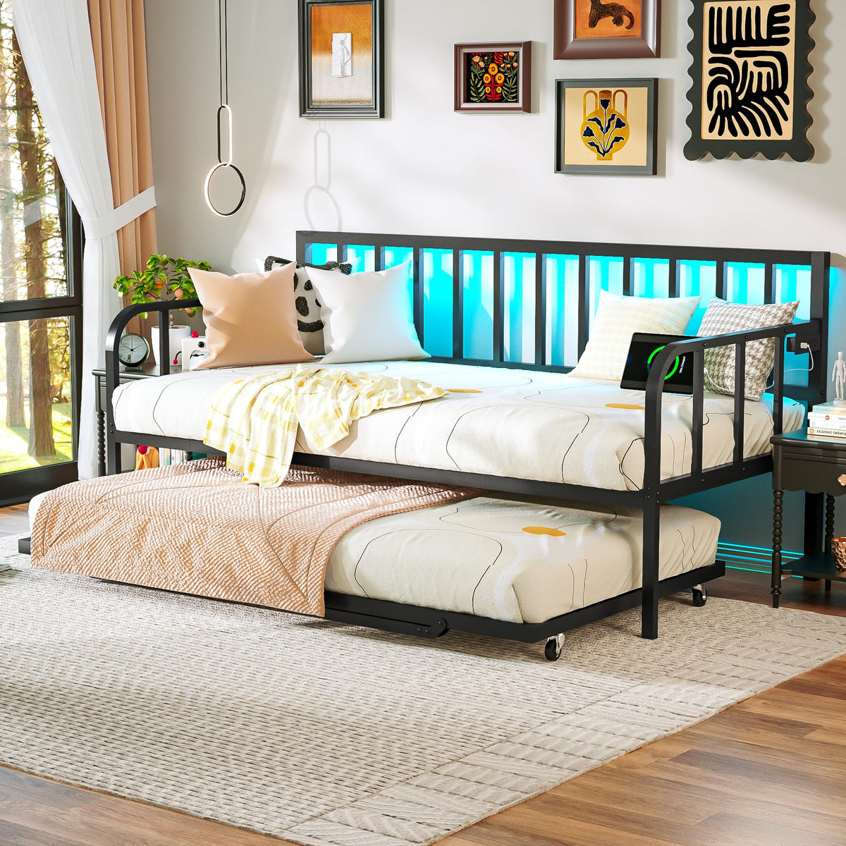 Black Twin to King Metal Daybed with Pop Up Trundle E472682