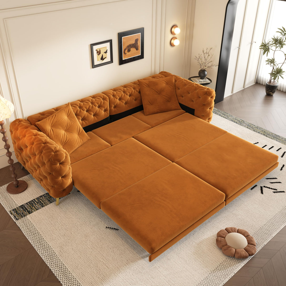 Velvet Pull Out Sofa Bed King with Ottoman P1419