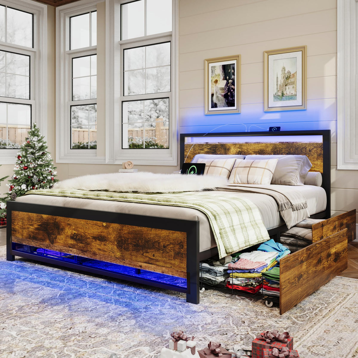 King Size Wood Bed Frame with 4 Storage Drawers J6935