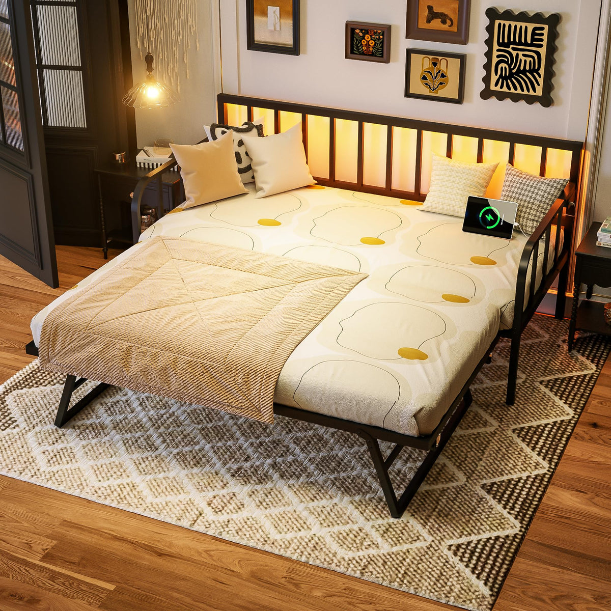 Black Twin to King Metal Daybed with Pop Up Trundle E472682