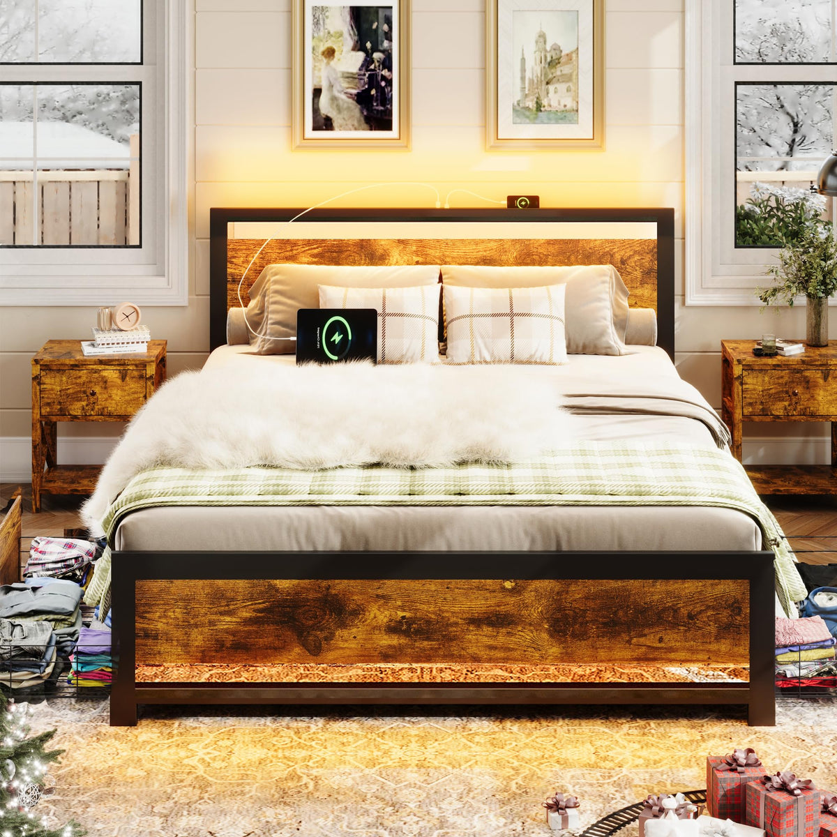 King Size Wood Bed Frame with 4 Storage Drawers J6935