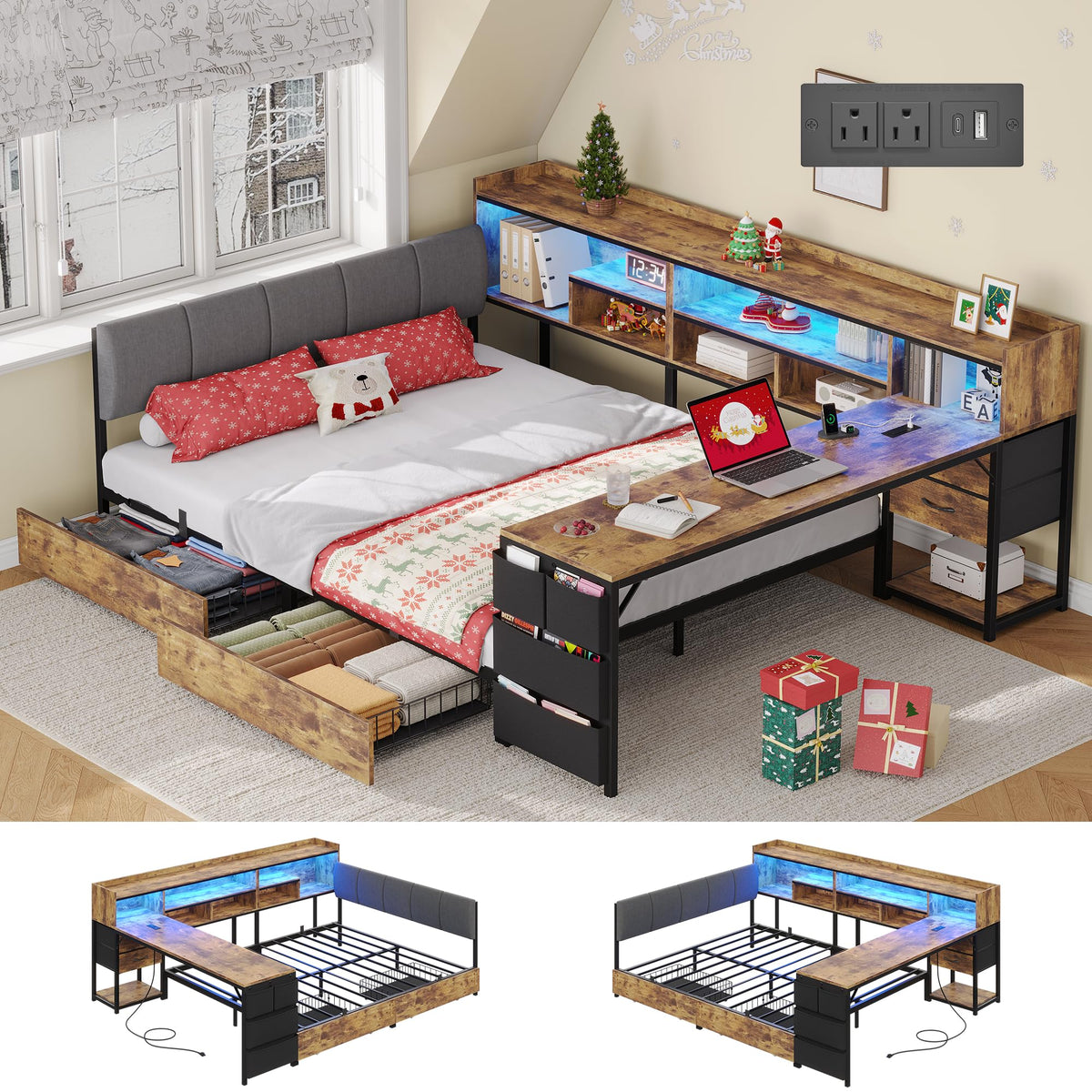 Corner Bed Frame Full Size with Storage & Desk C2591