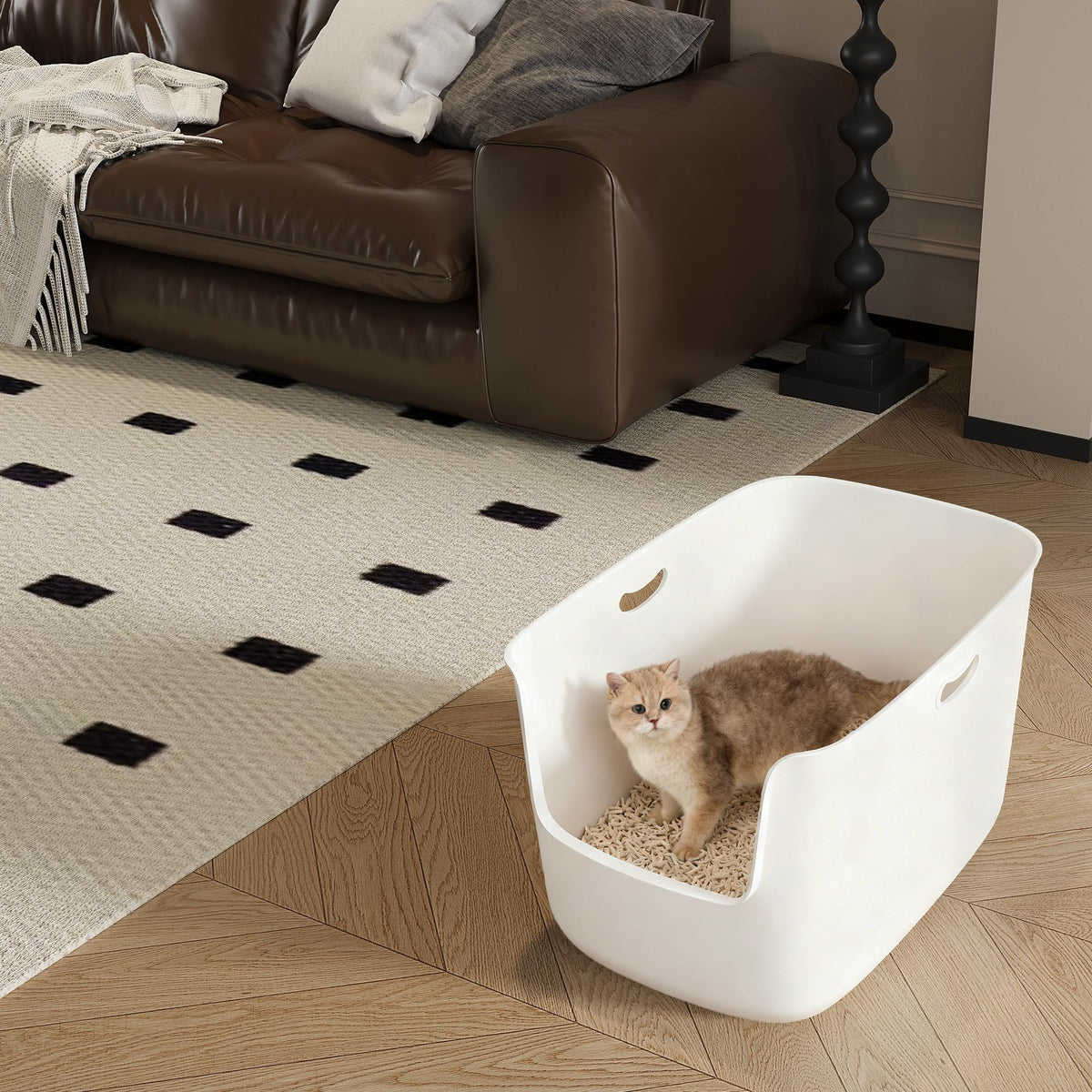Extra Large High Sided Low Entry Open-Top Cat Litter Box White Y9222