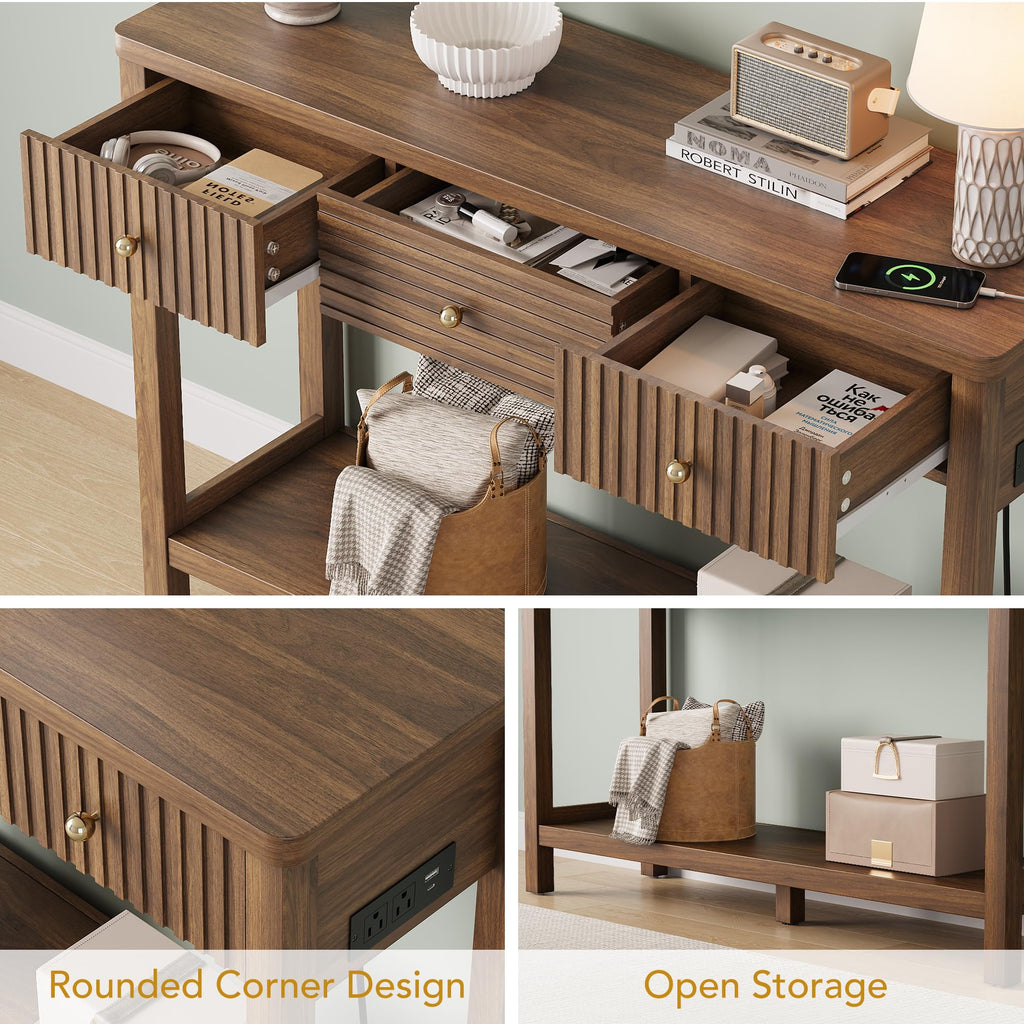 47'' Fluted Console Table with Charging Station & 3 Drawers J1746