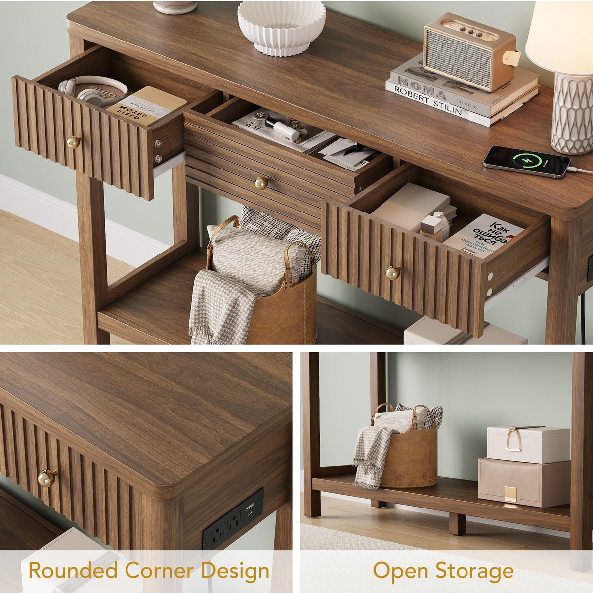 47'' Fluted Console Table with Charging Station & 3 Drawers J1746