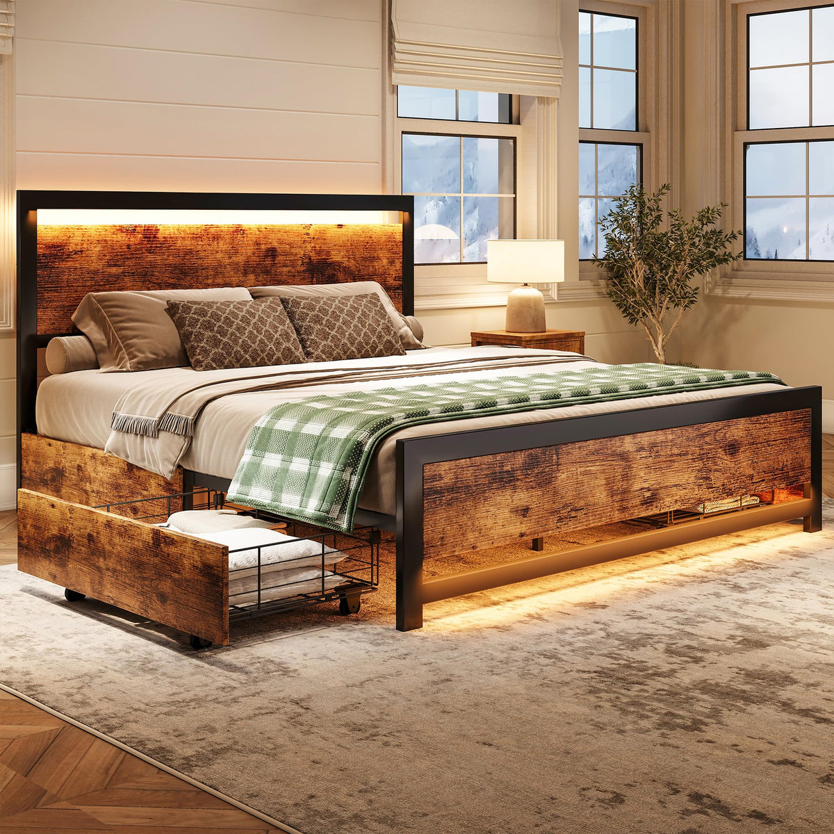 King Size Wood Bed Frame with 4 Storage Drawers J6935